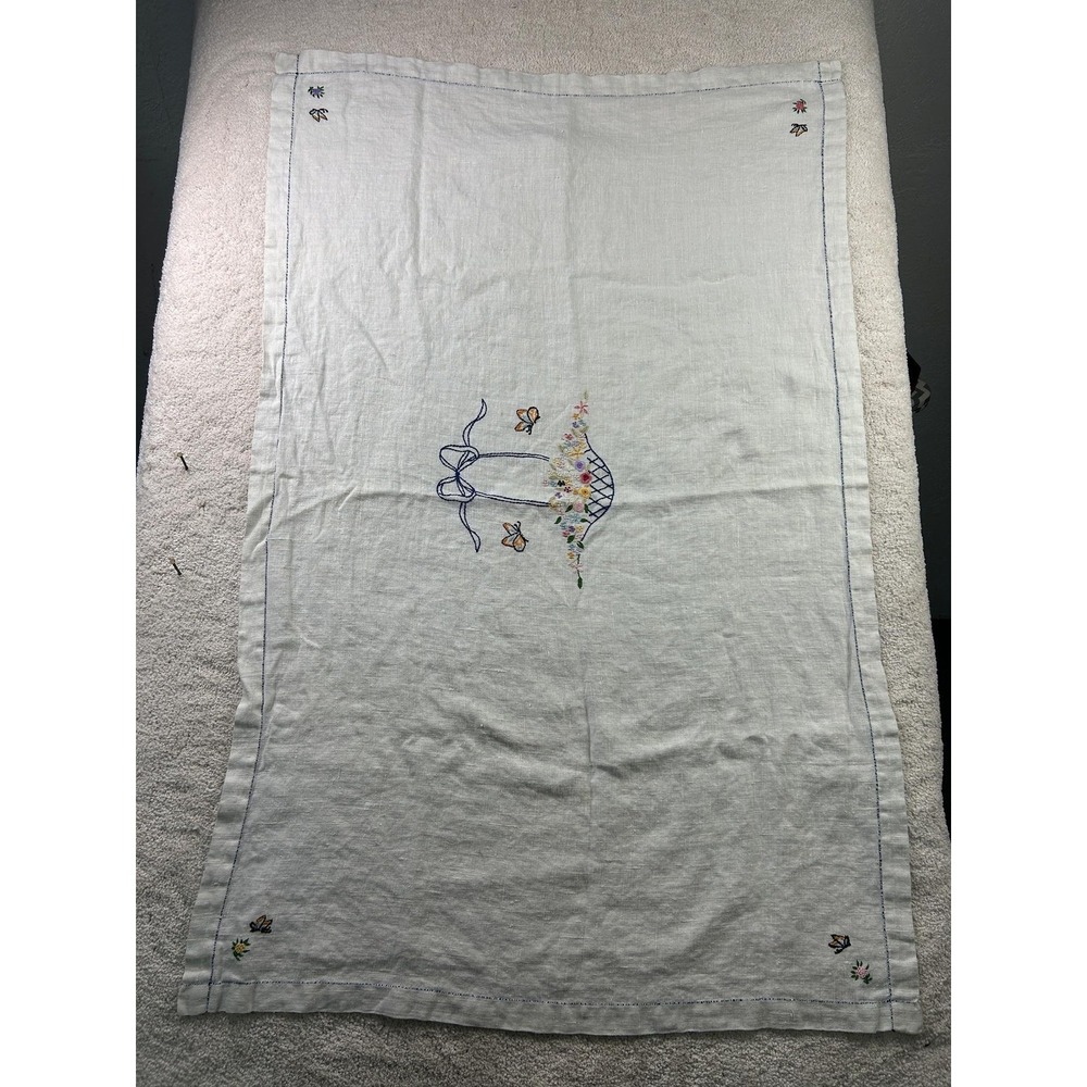 Vintage Embroidered Linen Tablecloth 31x48 Floral Basket Butterfly Handmade